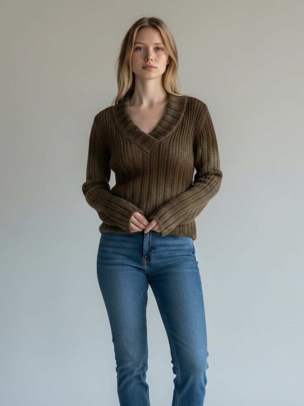Arizona Jean Company Olive Ombre Ribbed V-Neck Sweater
